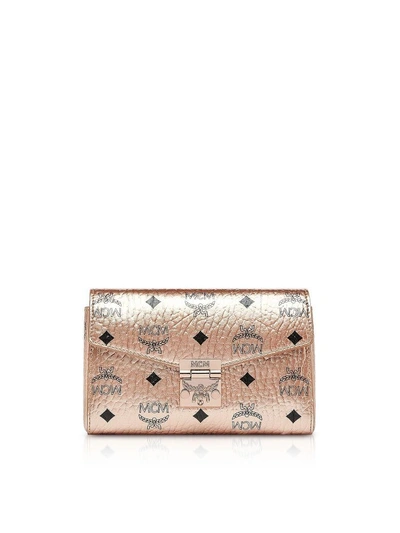 Shop Mcm Champagne Gold Millie Visetos Small Crossbody Bag In Rose Gold