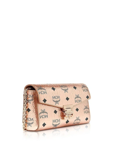 Shop Mcm Champagne Gold Millie Visetos Small Crossbody Bag In Rose Gold