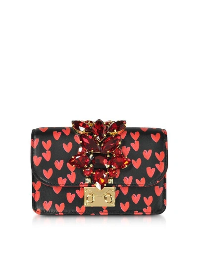 Shop Gedebe Mini Cliky Nappa Printed Red Hearts Clutch W/chain Strap In Black