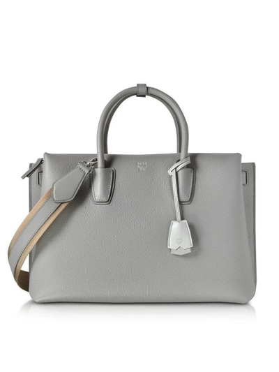 Shop Mcm Milla Ash Grey Leather Large Tote Bag In Light Gray