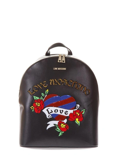 Shop Love Moschino Black Faux Leather Backpack With Heart Pattern