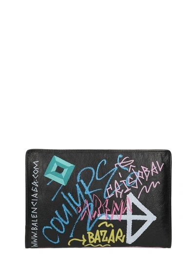 Shop Balenciaga Multicolor Graffiti Bazar Pouch In Black