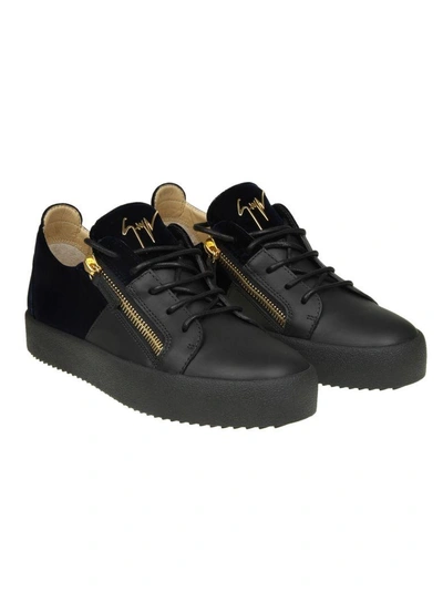 Shop Giuseppe Zanotti "may" Sneakers In Black Leather With Velvet Insert