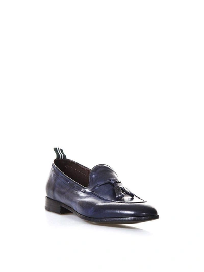 Shop Green George Navy Leather Loafers With Tassels