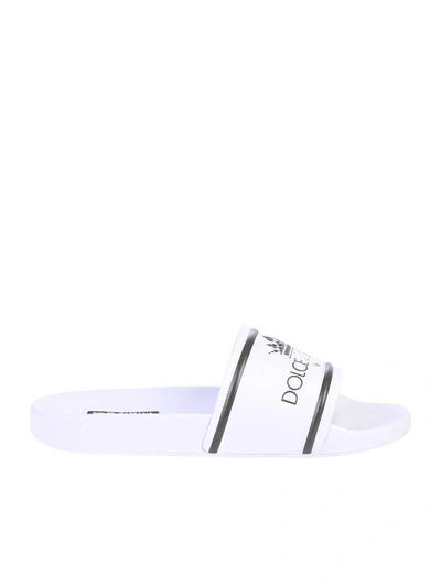 Shop Dolce & Gabbana White Branded Slide Sandals