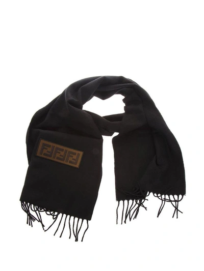 Shop Fendi Black Wool Fringed Scarf With Logo