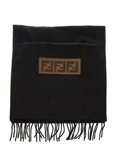 Shop Fendi Black Wool Fringed Scarf With Logo
