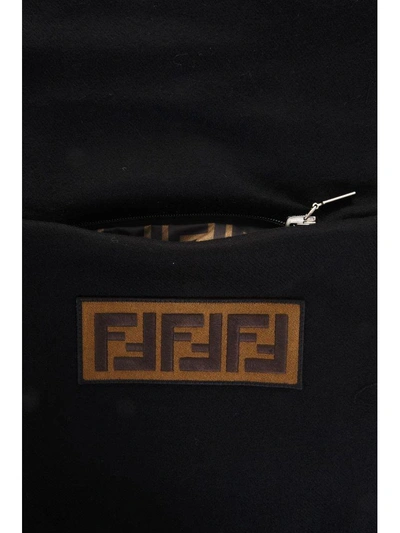 Shop Fendi Black Wool Fringed Scarf With Logo