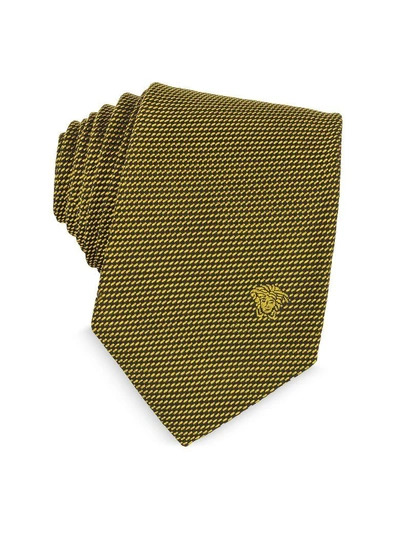 Shop Versace Woven Silk Narrow Tie W/medusa In Mustard Yellow