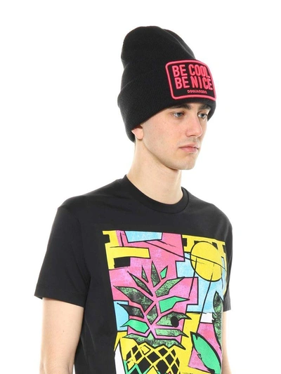 Shop Dsquared2 Beanie Be Cool Be Nice In Nero-fuxia
