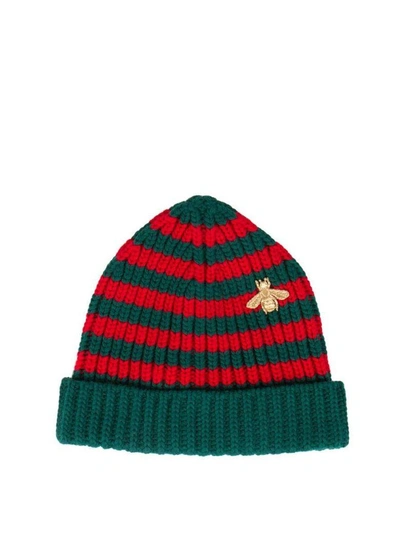 Shop Gucci Striped Wool Beanie In Blu