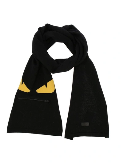 Shop Fendi Monster Eyes Scarf In Pure Virgin Wool With Maxi Zip Pocket And Eyes Bag Bugs In Leather In Black