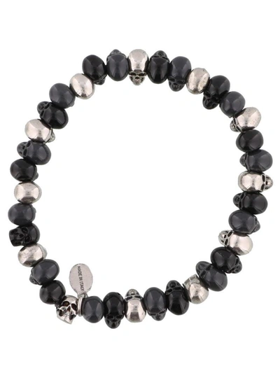 Shop Alexander Mcqueen Beaded Skull Bracelet In Anthracite/black/silver