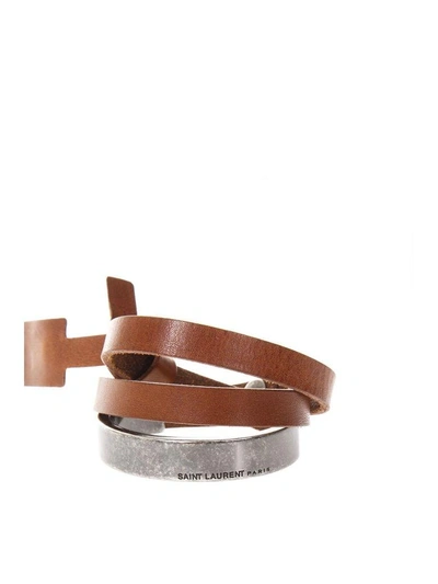 Shop Saint Laurent Nomade Brown Double Turn Leather Bracelet
