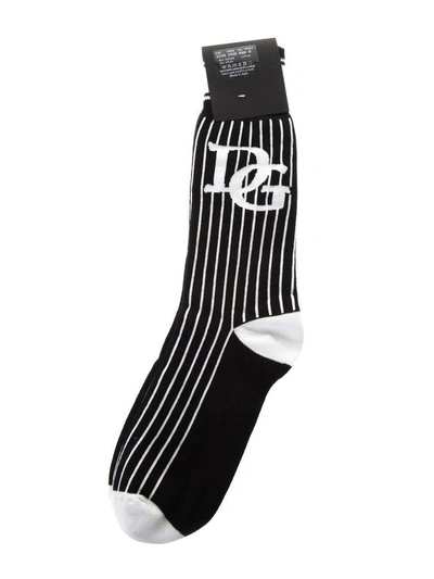 Shop Dolce & Gabbana Black Striped Logo Socks In Black-white