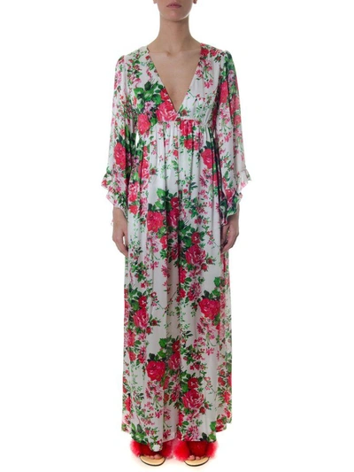 Shop Leitmotiv Long Cut Floral Dress In Polyester In White/green/pink