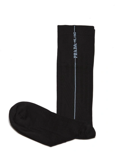 Shop Prada Logo Socks In Nero Celeste