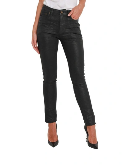 Shop Saint Laurent Coated Denim Skinny Jeans In Nero