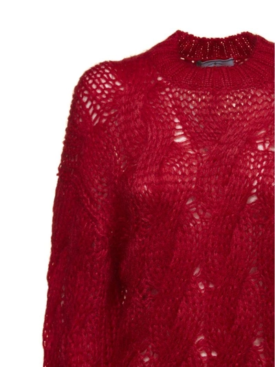 Shop Prada Cable Open Knit Sweater In Rosso