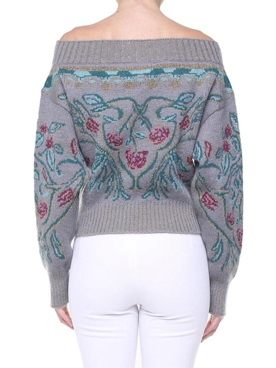 Shop Alberta Ferretti Lurex Floral-intarsia Mohair And Wool-blend Crop Sweater In Grigio