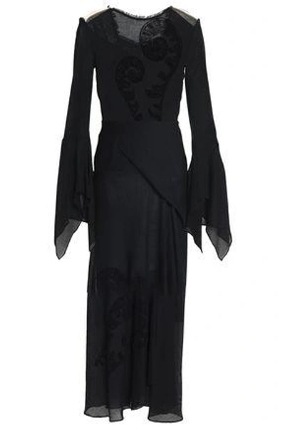 Shop Roland Mouret Woman Asterleigh Flocked Open-knit Cotton-blend Midi Dress Black