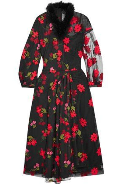 Shop Simone Rocha Woman Faux Fur-trimmed Embroidered Tulle And Printed Crepe De Chine Midi Dress Black