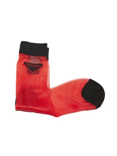 Shop Prada Embroidered Socks In Rosso Nero