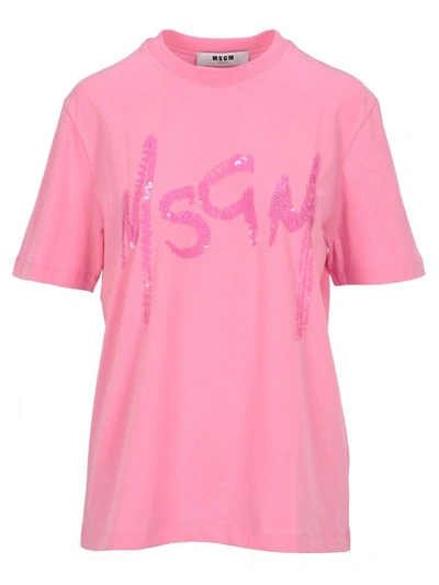 Shop Msgm Tshirt Logo Pailettes In Pink