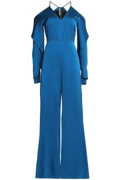 Shop Roland Mouret Woman Soham Cold-shoulder Hammered Silk-satin Wide-leg Jumpsuit Cobalt Blue