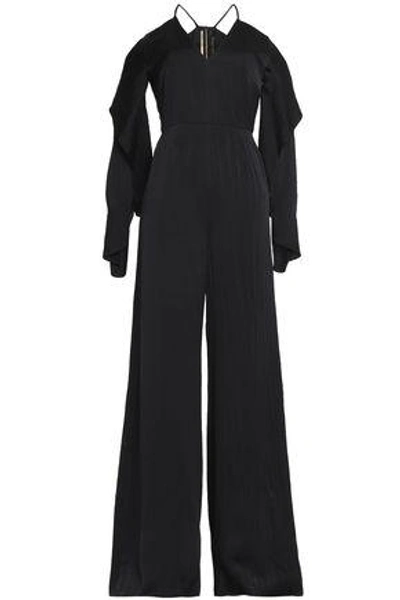 Shop Roland Mouret Soham Cold-shoulder Hammered Silk-satin Wide-leg Jumpsuit In Black