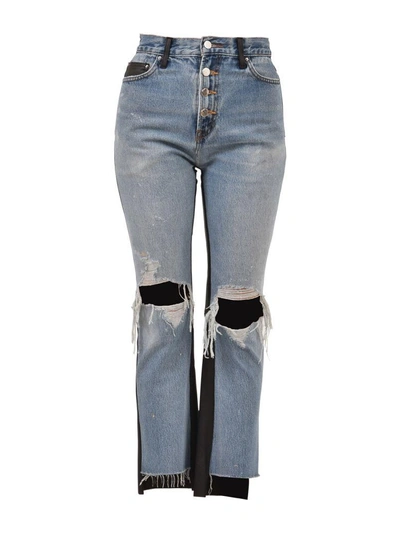 Shop Amiri Leather And Denim Jeans In Blue