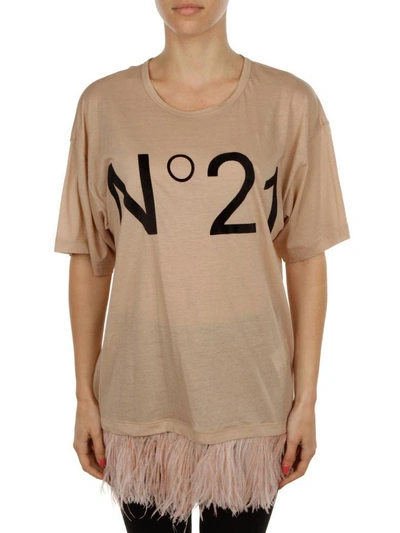 Shop N°21 Cotton T-shirt With Feathers Detail In Nude