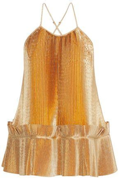 Shop Stella Mccartney Woman Viviana Plissé Lamé Peplum Camisole Gold