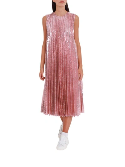 Shop Msgm Pleates Sequins Midi Dress With Printed Insert In Rosa