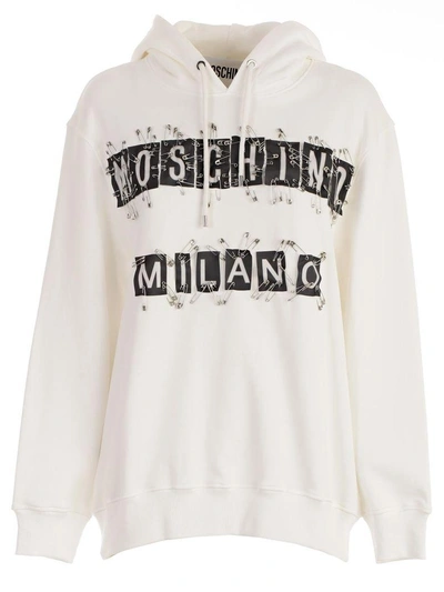 Shop Moschino Safety Pin & Logo Print Hoodie In White Logo Black