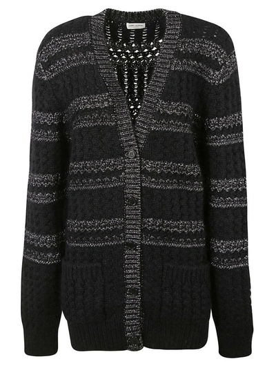 Shop Saint Laurent Knitted Cardigan In Black/silver Lurex