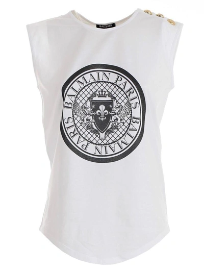 Shop Balmain Logo Print Tank Top In Cwhite Black