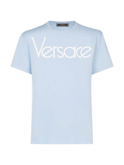 Shop Versace Logo Vintage Cotton-jersey T-shirt In Celeste