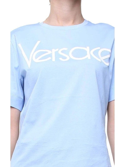 Shop Versace Logo Vintage Cotton-jersey T-shirt In Celeste