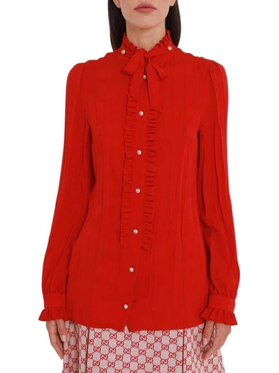 Shop Gucci Georgette Shirt With Ruffles And Pearl Buttons In Rosso