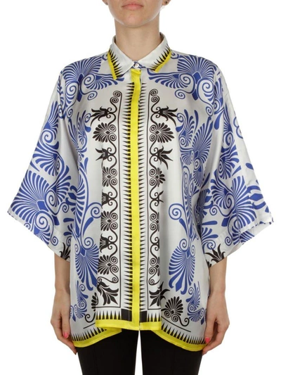 Shop Versace Silk Shirt In White - Light Blue - Yellow