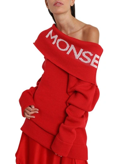 Shop Monse Knitted Sweater With Logo Intarsia Shawl Collar In Rosso