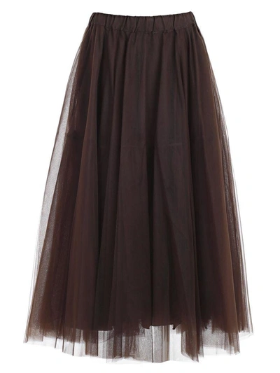 Shop P.a.r.o.s.h Tulle Fringed Midi Skirt In Brown