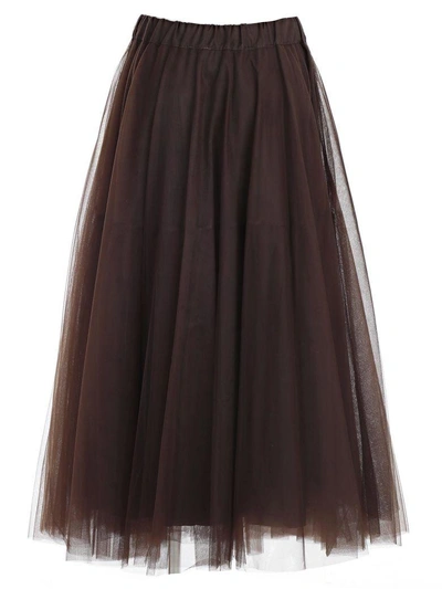 Shop P.a.r.o.s.h Tulle Fringed Midi Skirt In Brown