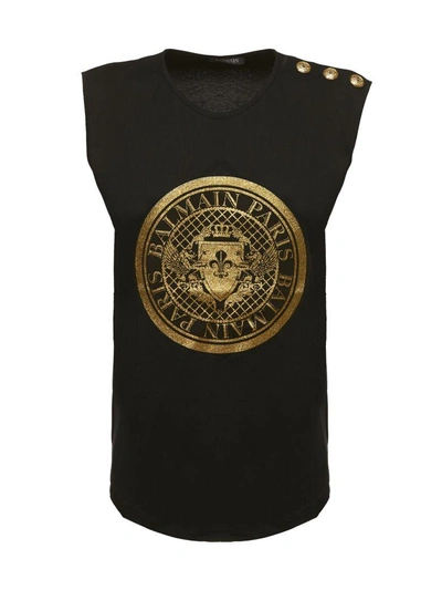 Shop Balmain Printed Sleeveless T-shirt In Nero/oro