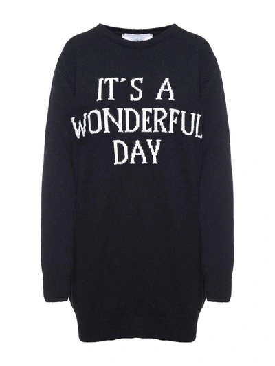 Shop Alberta Ferretti 'it's A Wonderful Day'-intarsia Cashmere And Wool Blend Knit Dress In Nero