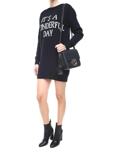 Shop Alberta Ferretti 'it's A Wonderful Day'-intarsia Cashmere And Wool Blend Knit Dress In Nero