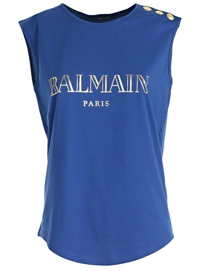 Shop Balmain Logo Print Tank Top In Celectric Blue