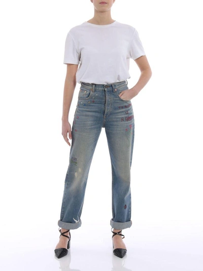 Shop Gucci Cropped Embroidered Jeans In Blue/multicolor