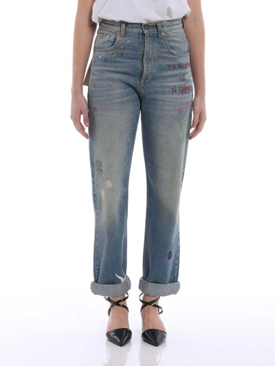 Shop Gucci Cropped Embroidered Jeans In Blue/multicolor